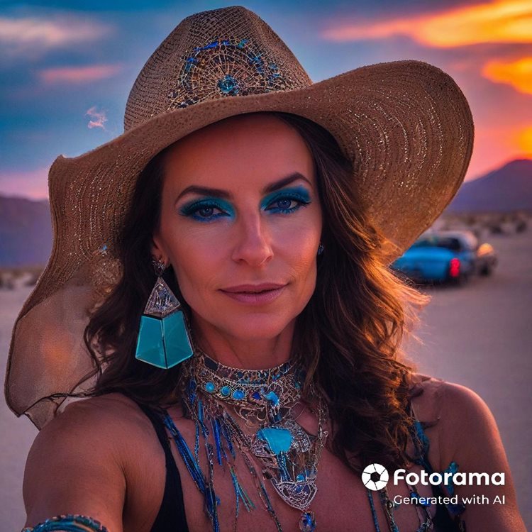Foto de Denise Pitta gerada pela Inteligência Artificial do aplicativo Fotorama, na qual ela aparece usando um chapéu de palha, maquiagem azul e joias azuis.