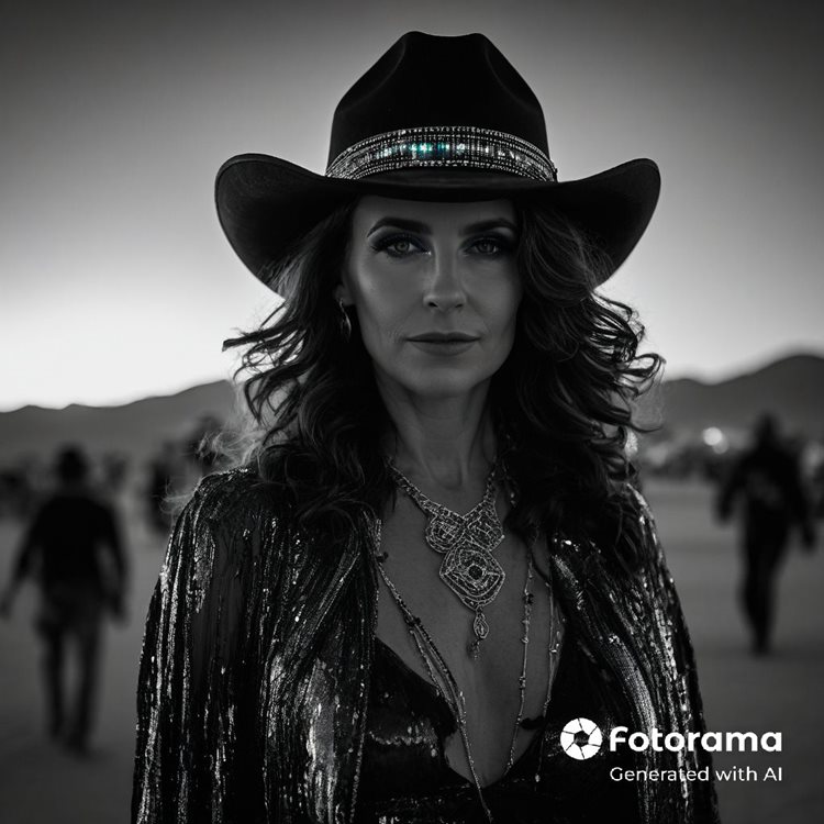 Foto em preto e branco de Denise Pitta, gerada pela Inteligência Artificial do aplicativo Fotorama, onde ela aparece com um chapéu de cowboy e joias, em um cenário com pessoas ao fundo.

