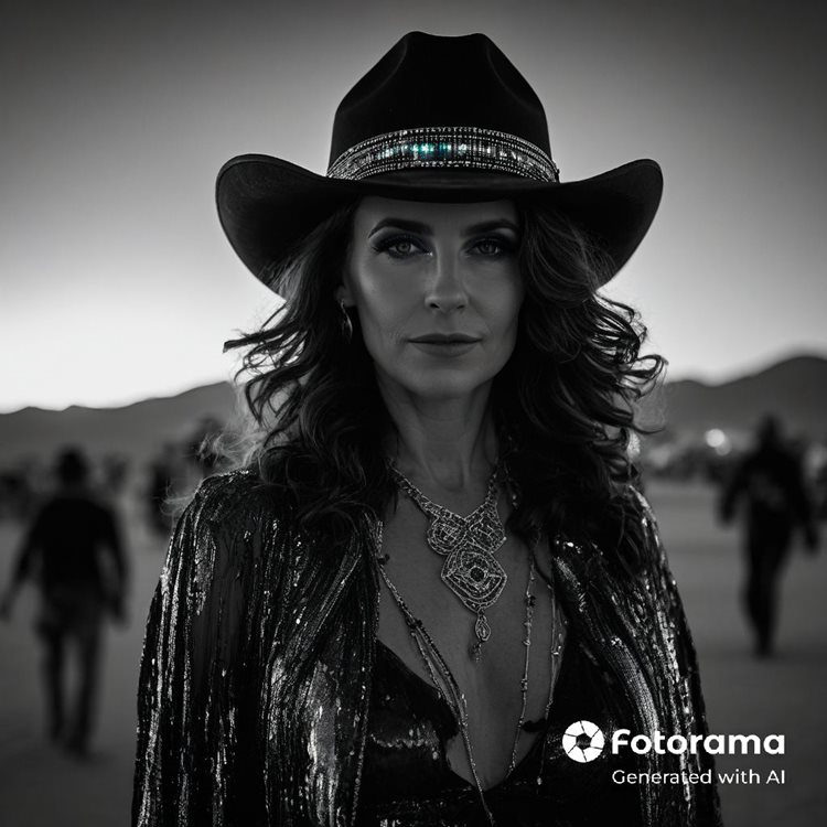 Foto em preto e branco de Denise Pitta, gerada pela Inteligência Artificial do aplicativo Fotorama, onde ela aparece com um chapéu de cowboy e joias, em um cenário com pessoas ao fundo.