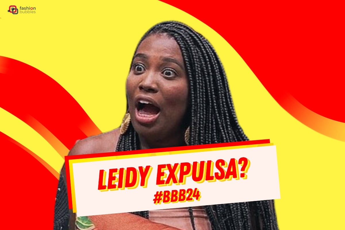 Foto de Leidy Elin do BBB 24 em fundo amarelo e vermelho e escrito "Leidy expulsa? #bbb24"