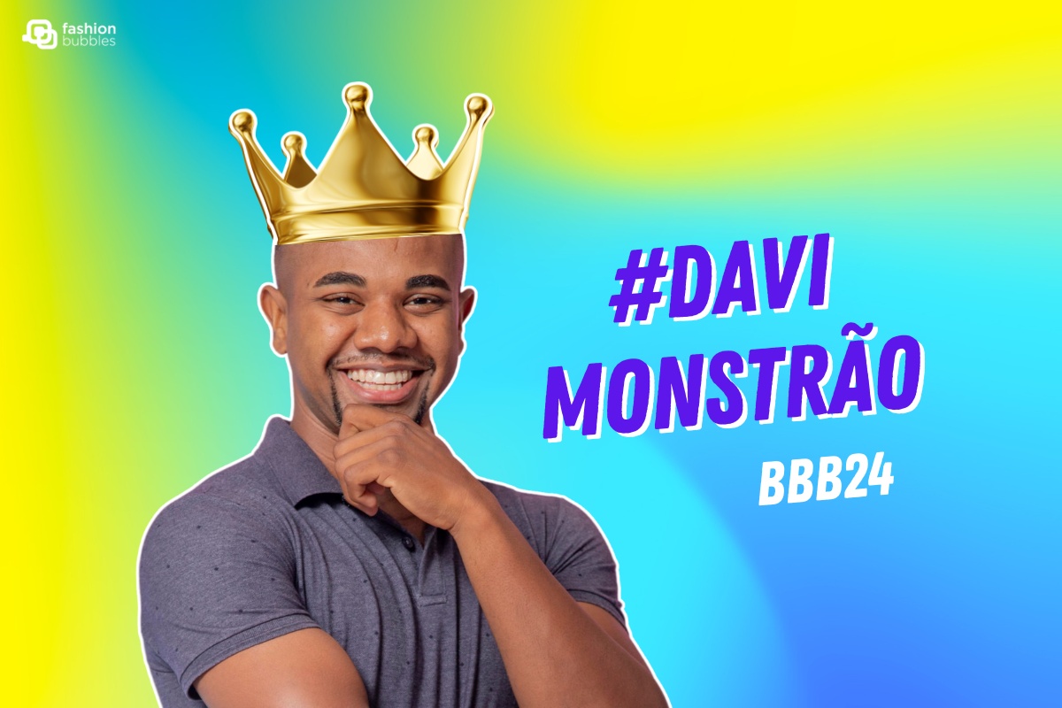 Foto de Davi do BBB 24 com coroa na cabeça em fundo azul e amarelo. Escrito de roxo e branco: #davimonstrão bbb24