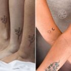montagem com fotos de duas opções de tatuagem de amigas: uma de quatro amigas com ramo de flores na canela e outra com duas amigas com sol e lua no braço