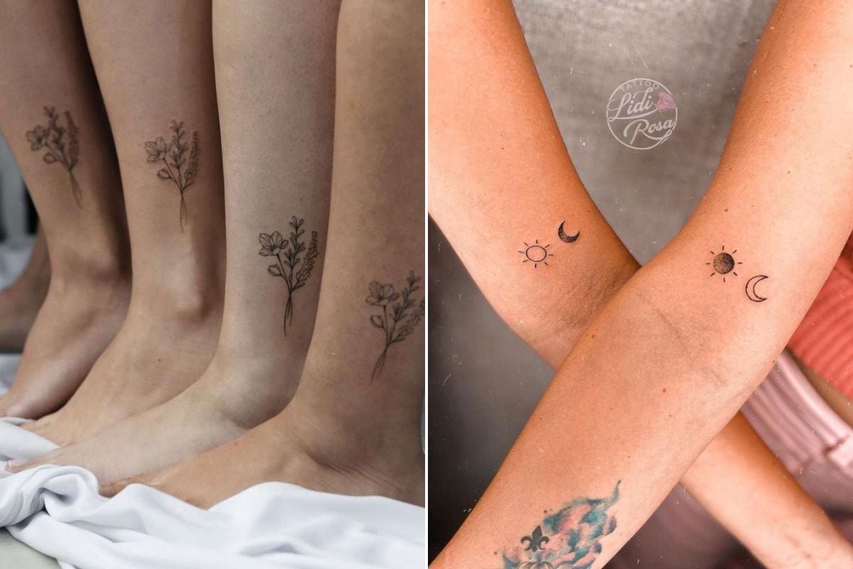 montagem com fotos de duas opções de tatuagem de amigas: uma de quatro amigas com ramo de flores na canela e outra com duas amigas com sol e lua no braço