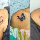 Montagem de três tatuagens femininas no ombro que aparecem na matéria: de lua com ornamentos, de borboleta azul sombreada e de mão fazendo coração coreano