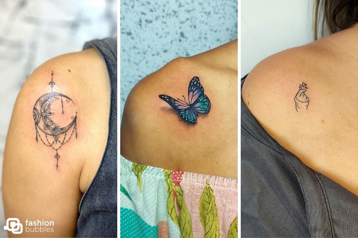Montagem de três tatuagens femininas no ombro que aparecem na matéria: de lua com ornamentos, de borboleta azul sombreada e de mão fazendo coração coreano