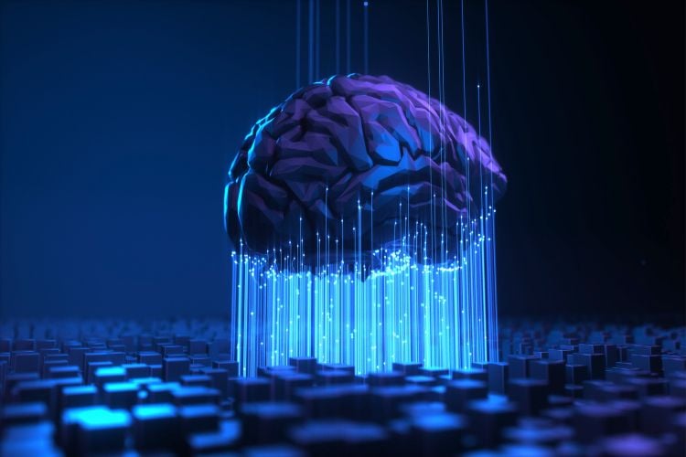Verificação de informações geradas por IA: Desenho digital de cérebro iluminado