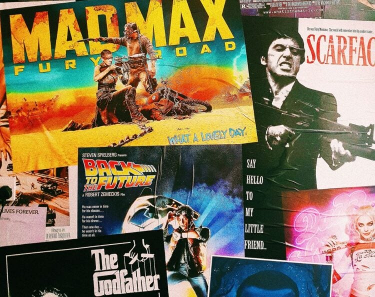 foto de parede com posters de filmes como Mad Max, Scarface, De Volta Para o Futuro e O Poderoso Chefão
