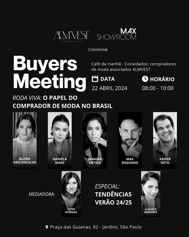fundo preto com fotos e nomes dos palestrantes do Buyers Meeting do SALÃO CASAMODA, que acontece em 22 de abril