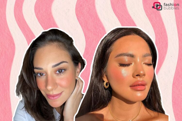Montagem de fundo rosa e branco com duas fotos que aparecem na matéria, de mulheres usando a técnica boyfriend blush