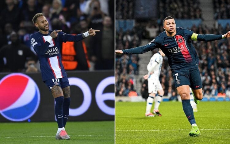 montagem com foto de dois jogadores de futebol que estão em briga, Neymar e Mbappé