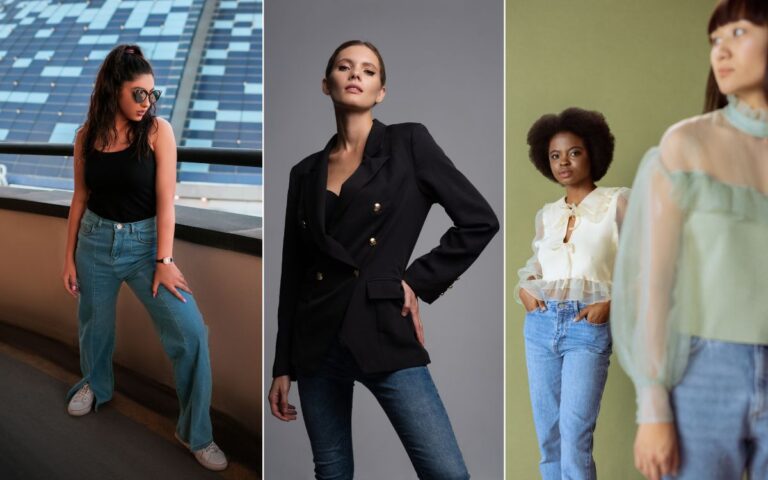 Montagem com 3 opções de looks com calças jeans azuis: com camiseta e tênis, com blazer e com bata fluida