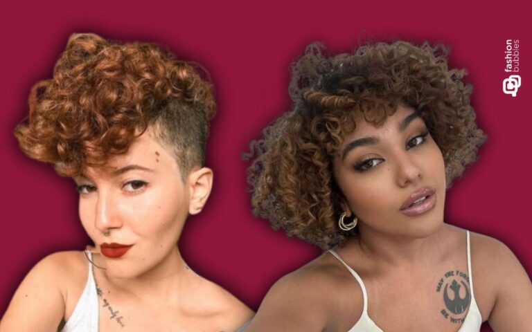fundo roxo com foto de duas mulheres com corte de cabelo curto cacheado