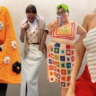 Montagem com 4 mulheres usando cropped de crochê em fundo bege