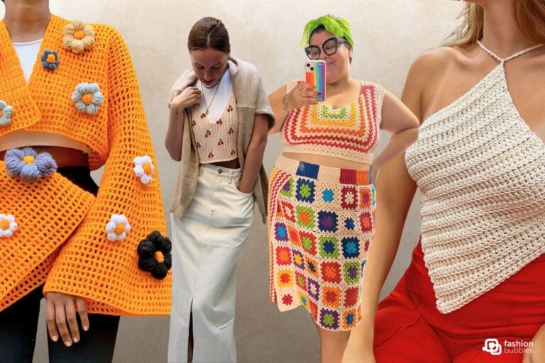 Montagem com 4 mulheres usando cropped de crochê em fundo bege