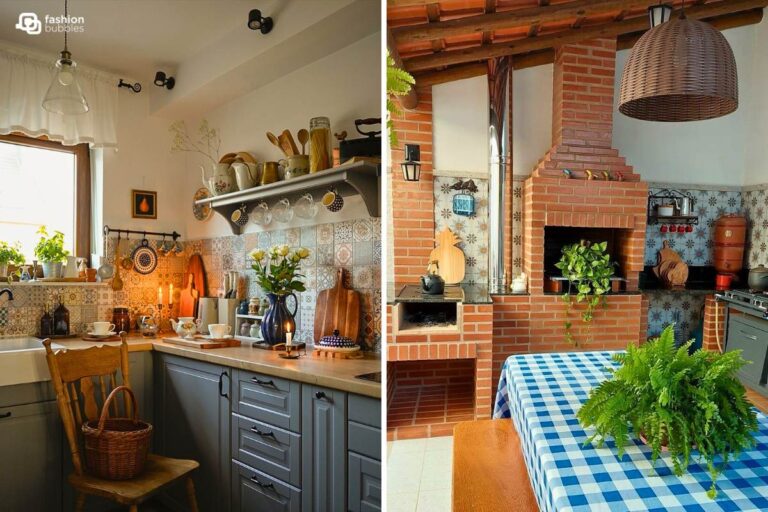 Duas fotos de cozinhas decoradas estilo rural