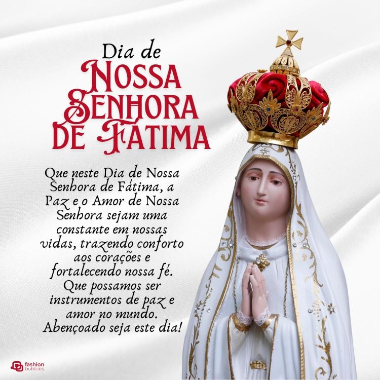 Imagem de Nossa Senhora de Fátima em fundo branco com mensagem do dia