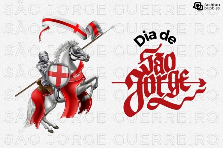 Imagem com fundo off-white escrito "São Jorge Guerreiro" várias vezes ao fundo, desenho de São Jorge sobre cavalo, com detalhes em vermelho e frase "Dia de São Jorge"