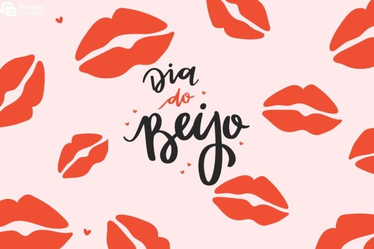 Montagem de fundo rosa claro com desenhos de lábios vermelhos e frase "Dia do Beijo" em vermelho e preto ao centro