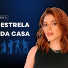 Montagem com foto da apresentadora Ana Clara, escrito Estrela da Casa, com pngs de vetores de músicos, em fundo azul escuro