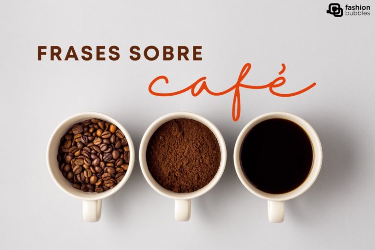 Montagem de fundo branco com três xícaras: uma com grão de café, outra com pó de café e outra com a bebida em si, além de escrito "frases sobre café"