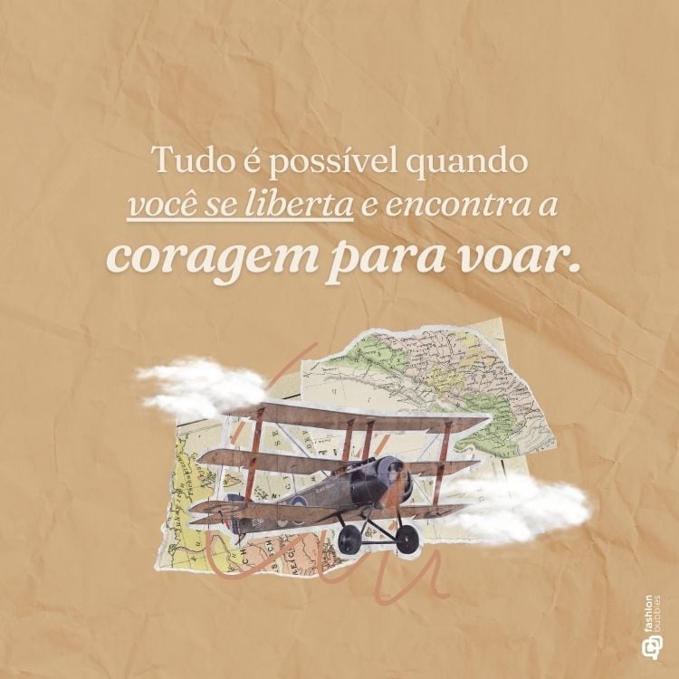 Frase escrita em fundo papel caramelo com pngs de mapas, avião e nuvens