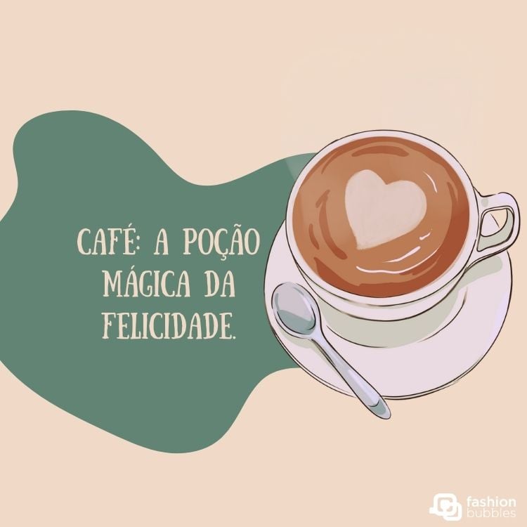 Cartão virtual de fundo rosa com desenho de xícara de café com coração e frase "Café: a poção mágica da felicidade"