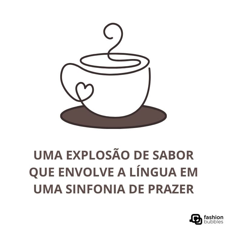 Cartão virtual de fundo branco com desenho de xícara de café saindo fumaça e frase "uma explosão de sabor que envolve a língua em uma sinfonia de prazer"