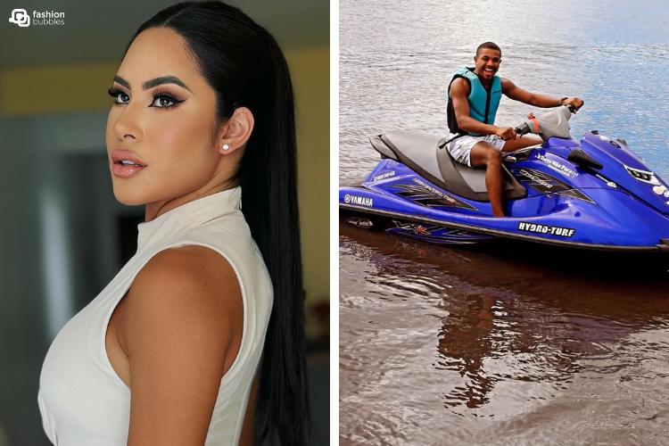 Foto de Isabelle maquiada e de Davi andando em jetsky