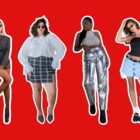 Montagem de fundo vermelho com 4 fotos de mulheres usando itens que eram moda nos anos 90, com micro bolsa, saia xadrez, calça metalizada, blusa sem alça e mocassim