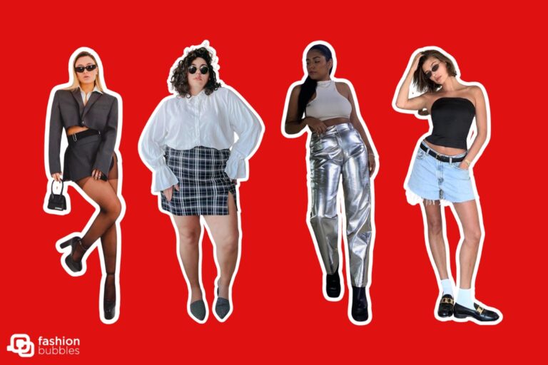 Montagem de fundo vermelho com 4 fotos de mulheres usando itens que eram moda nos anos 90, com micro bolsa, saia xadrez, calça metalizada, blusa sem alça e mocassim