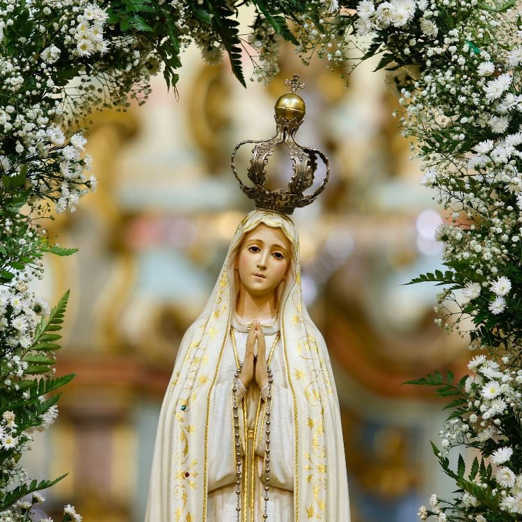 Foto de imagem de Nossa Senhora de Fátima em volto de flores brancas