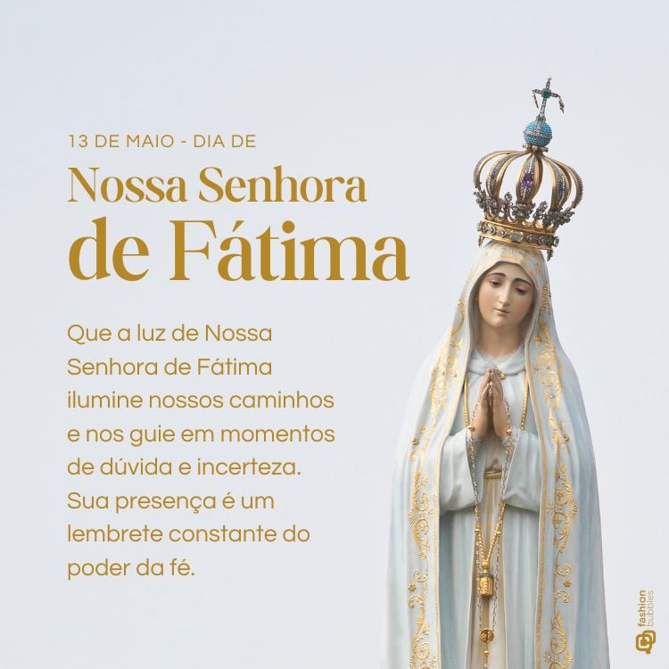 Imagem de Nossa Senhora de Fátima em fundo cinza com texto em homenagem à santa