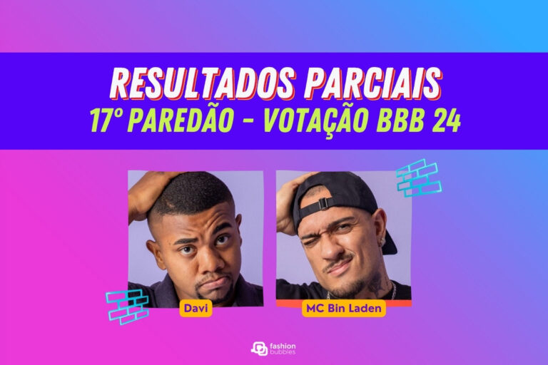 Montagem com foto dos emparedados do 17º Paredão do BBB 24 em fundo rosa e azul e escrito "Resultados parciais 17º Paredão - votação bbb 24"