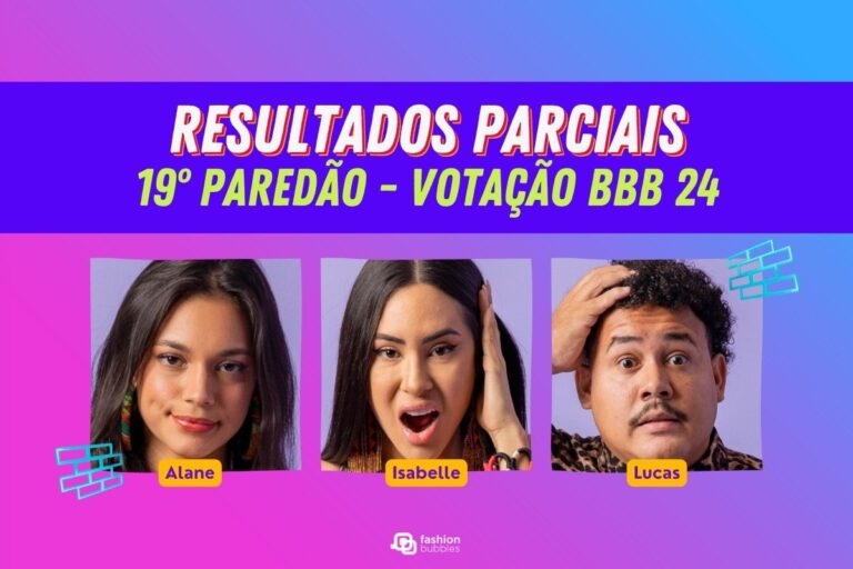 Montagem com foto dos emparedados do 19º Paredão do BBB 24 em fundo rosa e azul e escrito "Resultados parciais 19º Paredão - votação bbb 24"