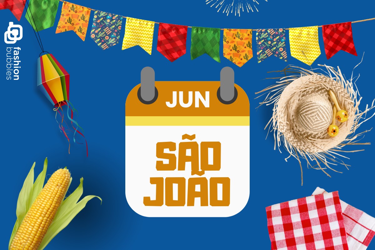 Montagem de fundo azul com bandeiras de festa junina coloridas, desenho de espiga de milho, balão, chapéu de palha, toalha xadrez e calendário junino escrito "São João"