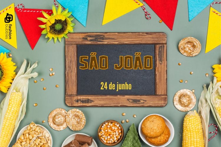 Montagem de fundo cinza com desenho de comidas típicas de festa junina, bandeiras e quadro ao meio escrito "São João 24 de junho"