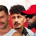 3 homens com barba que são tendência em 2024, em fundo de tecido branco e vermelho