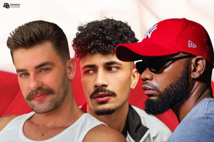 3 homens com barba que são tendência em 2024, em fundo de tecido branco e vermelho
