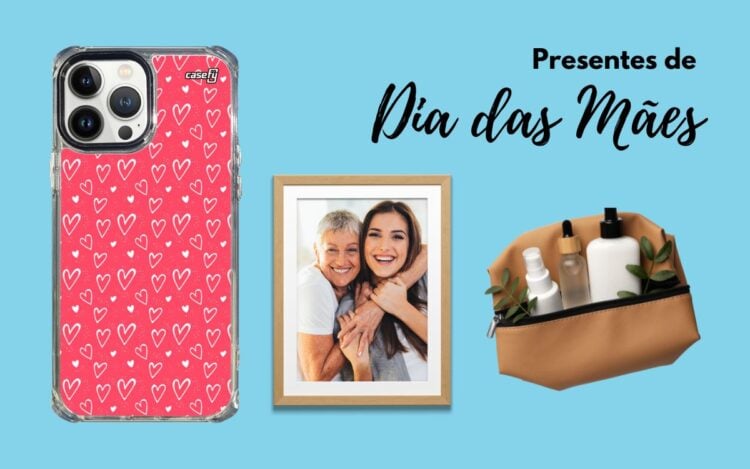 Fundo azul com opções de presente de Dia das Mães: capinha de iPhone Casefy, porta-retrato e nécessaire com kit spa