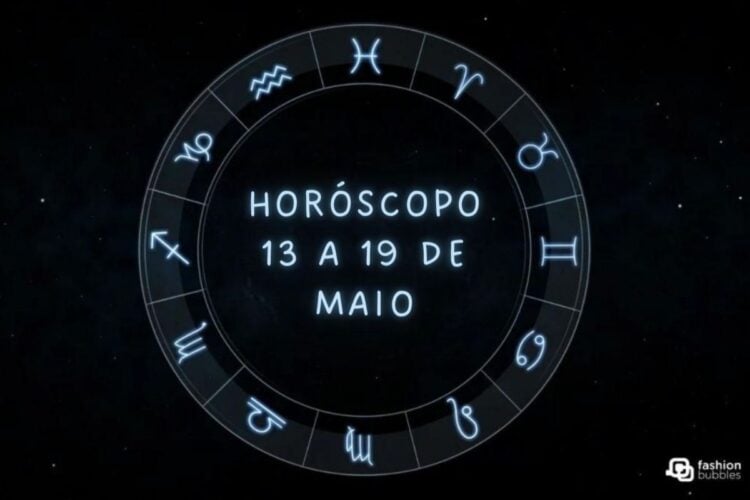 Fundo de Horóscopo com os 12 signos do zodíaco com o texto "Horóscopo 13 a 19 de maio" no meio