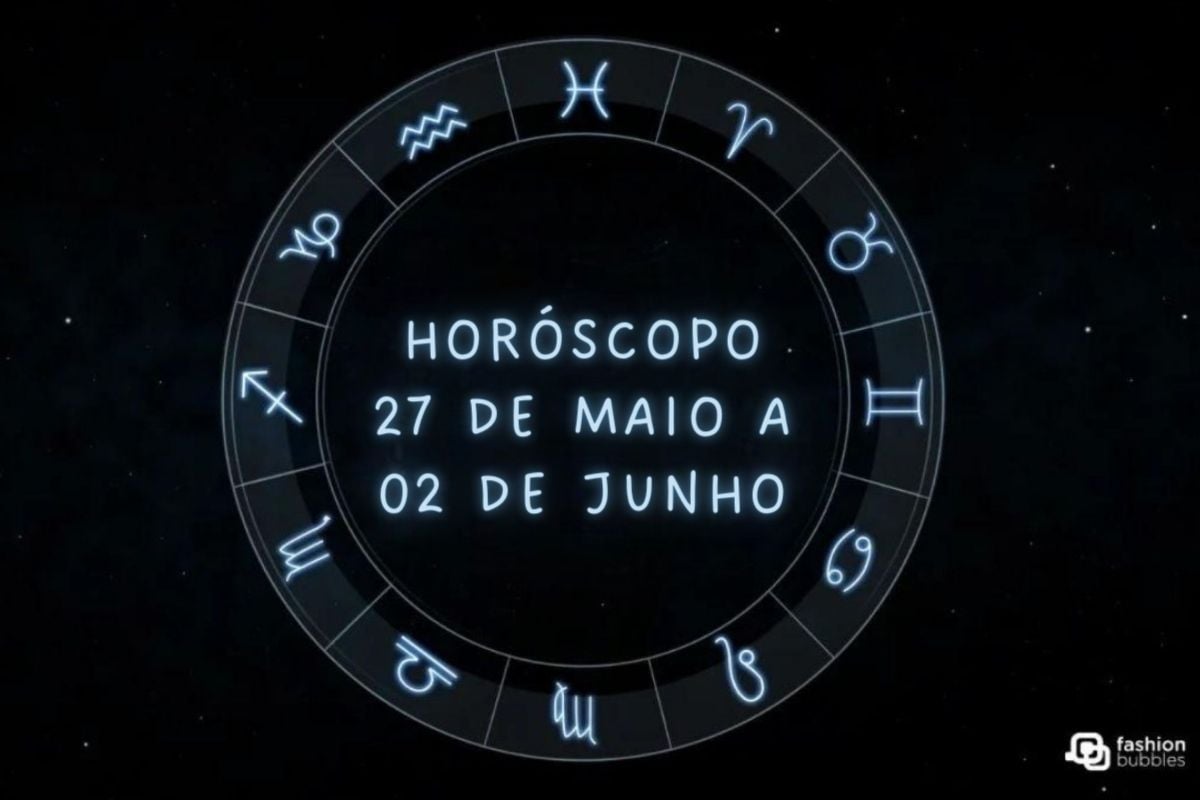 Fundo de Horóscopo com os 12 signos do zodíaco com o texto "Horóscopo 27 de maio a 2 de junho" no meio