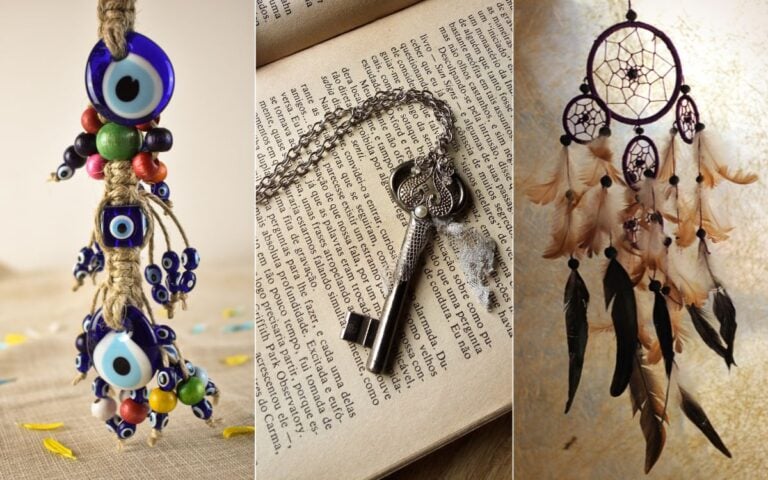 Montagem com 3 fotos de amuleto de cada signo: olho grego, chave de metal e apanhador de sonhos