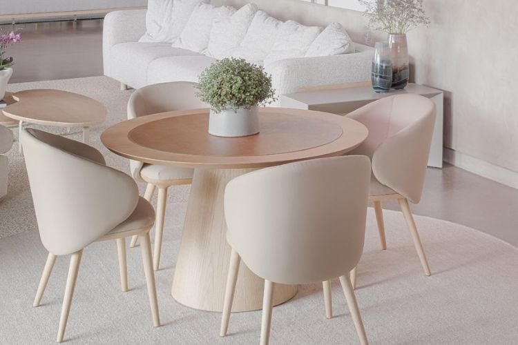 Mesa de madeira e couro marrom, com cadeiras redondas em couro off-white e vaso com planta sobre a mesa