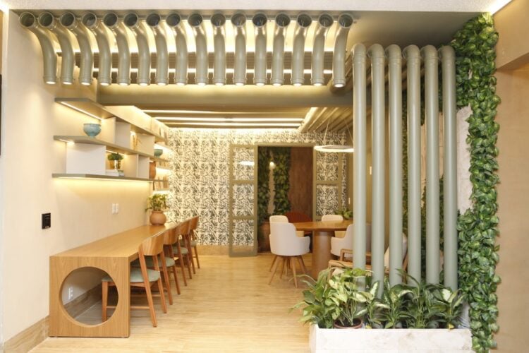 Imagem de coworking, com mesas e cadeiras de madeira, poltrona, jardim vertical e canos de PVC cinzas como luminárias