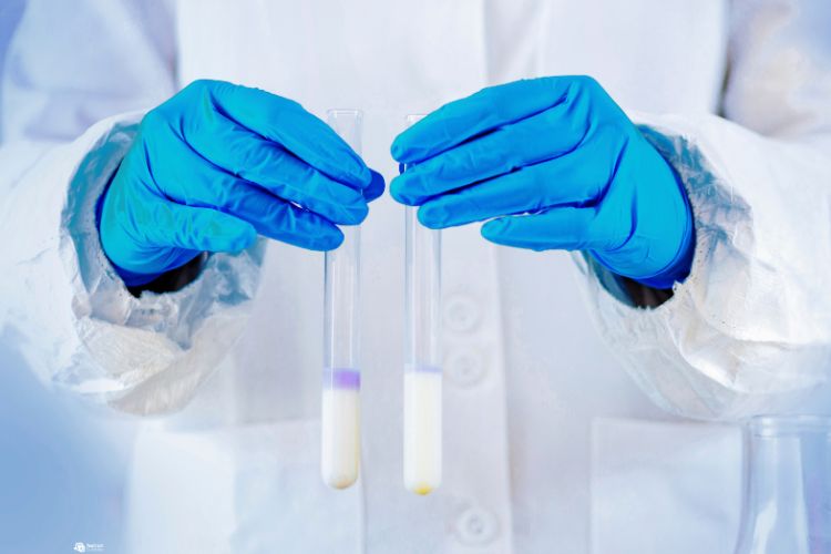 Pessoa de jaleco com luva azul segurando dois tubos de ensaio com líquido branco