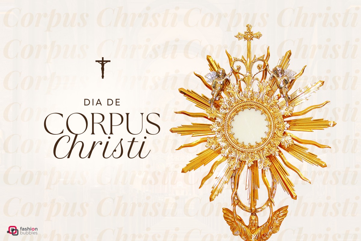 Fundo bege com foto de ostensório dourado e escrito Dia de Corpus Chrisit