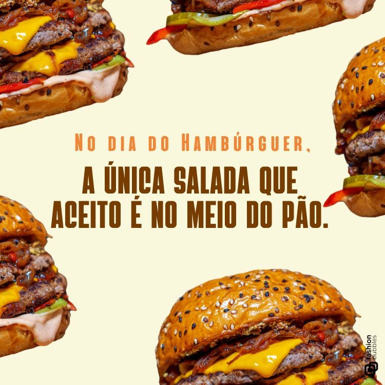 Frase sobre o Dia Mundial do Hambúrguer escrita em foto amarelada com 5 hambúrgueres voando