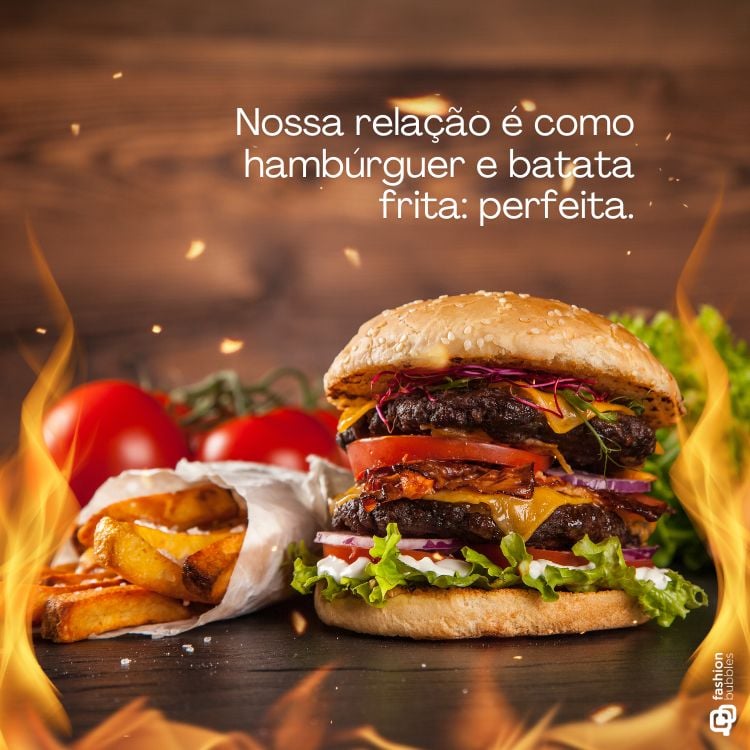 Frase sobre o Dia Mundial do Hambúrguer escrita em foto de combo de lanche