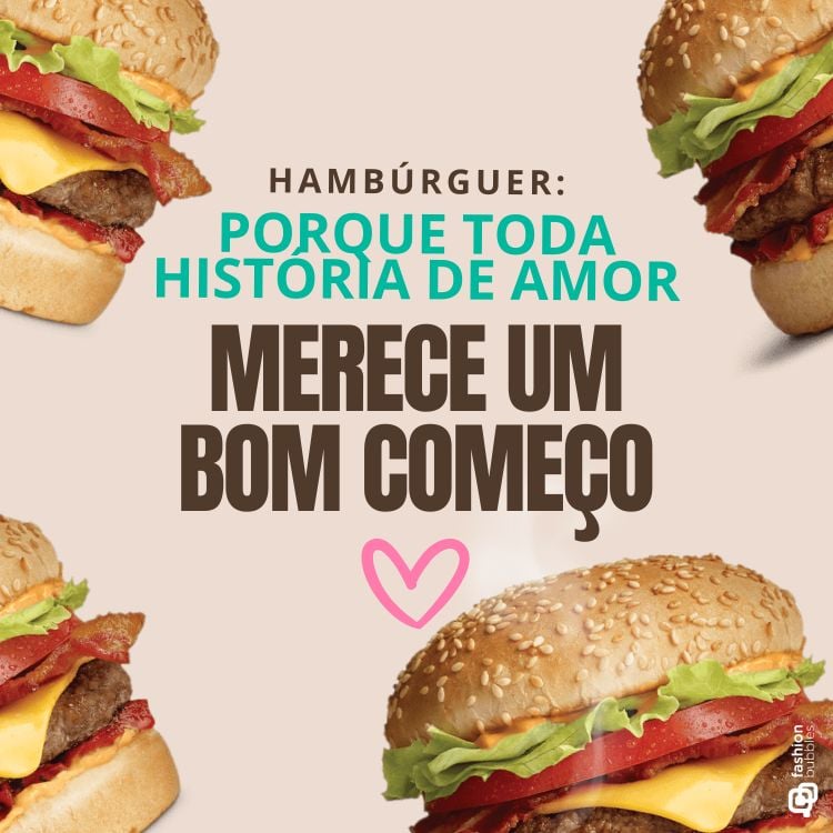Frase sobre o Dia Mundial do Hambúrguer escrita em foto bege com 4 hambúrgueres voando