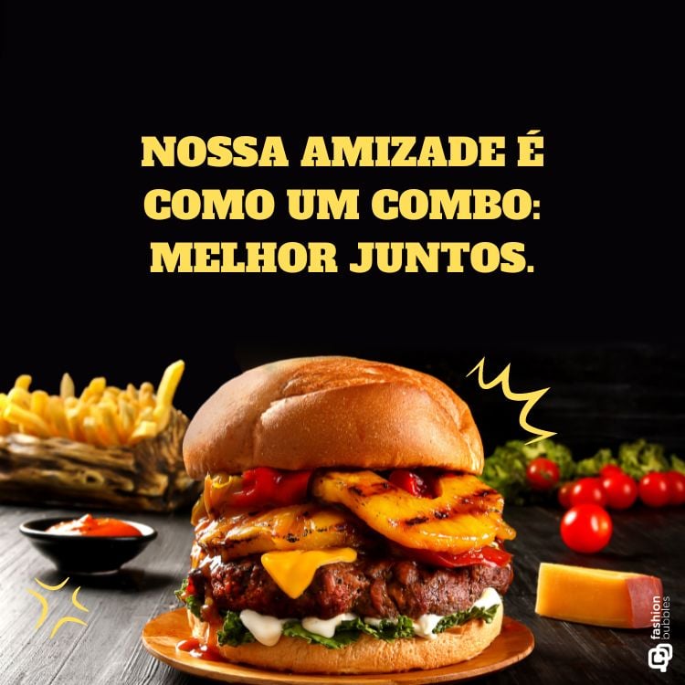 Frase sobre o Dia Mundial do Hambúrguer escrita em foto de um lanche com batata frita, salada, queijo e molho no fundo, em fundo preto